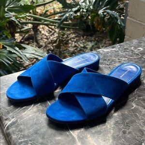 Mansur Gavriel Cobalt Blue Suede Crisscross Slide Sandals